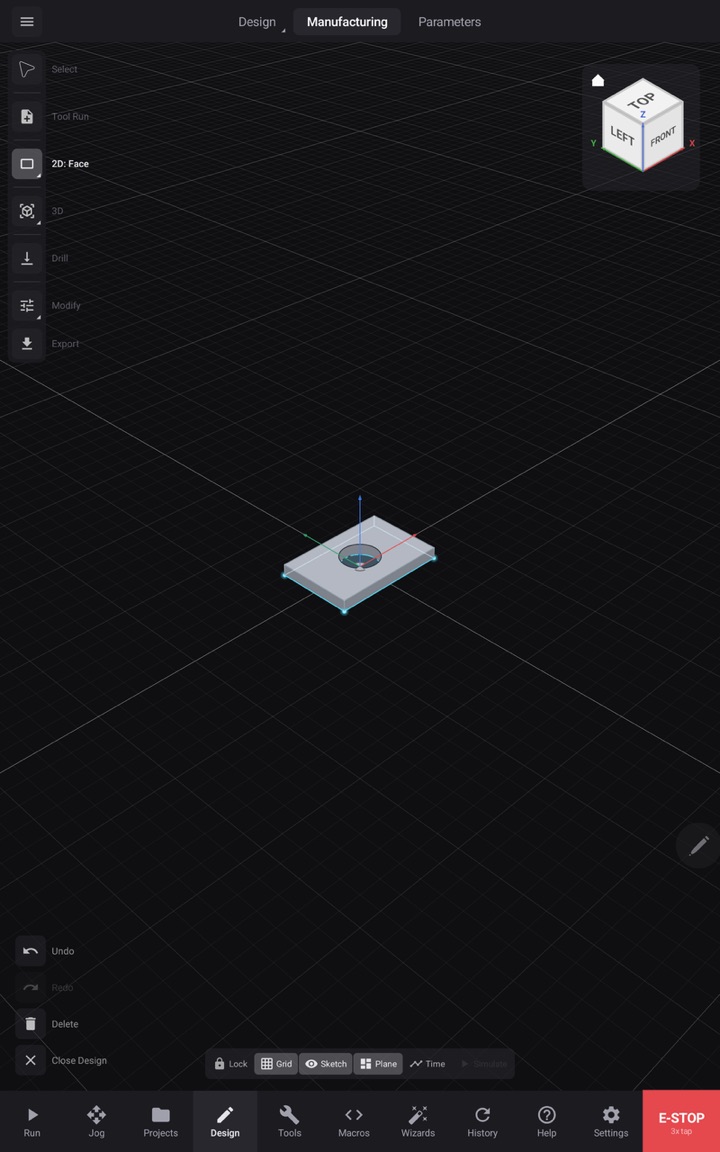 The manufacturing workspace with the CAM strategy rail.