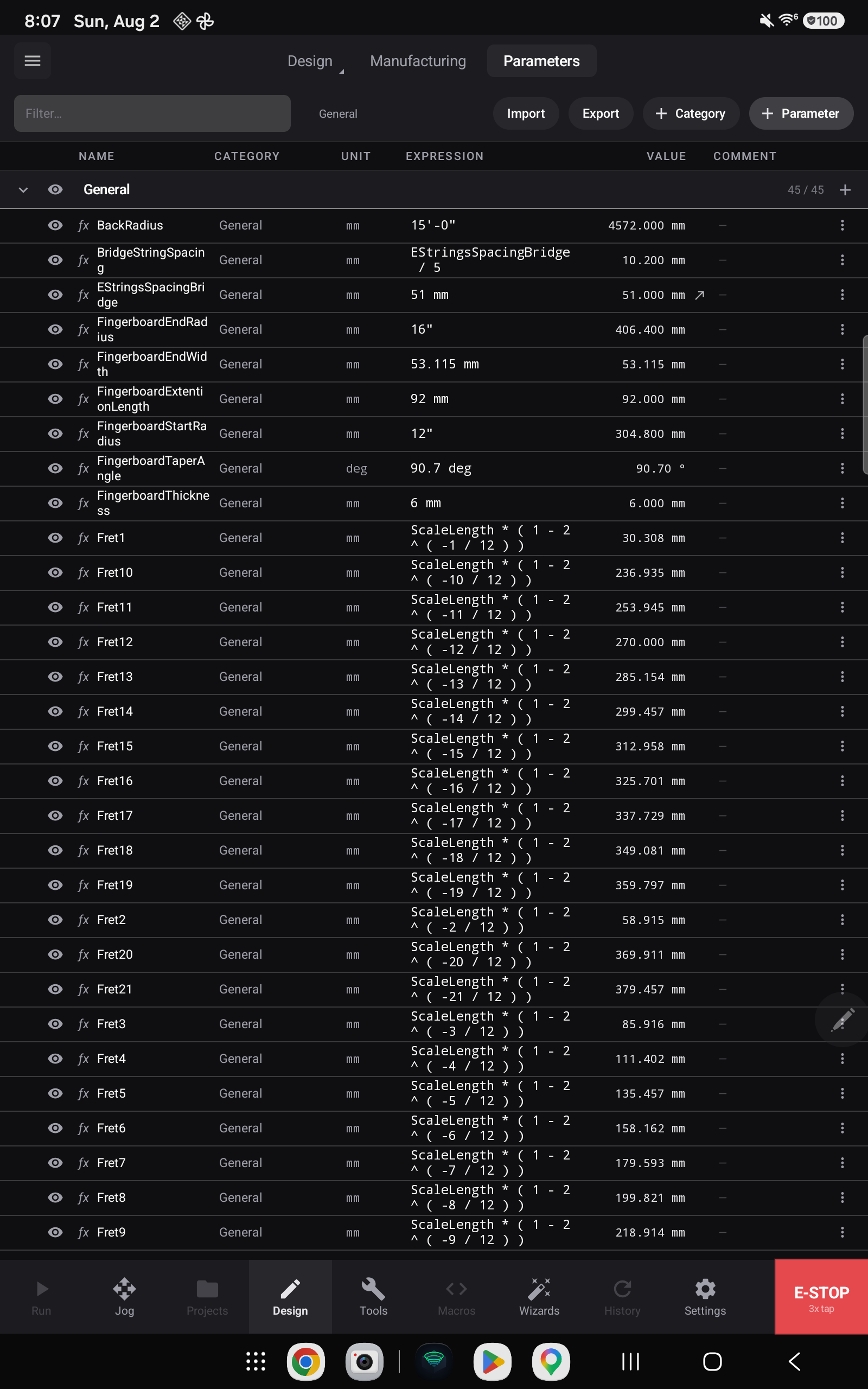 The Parameters workspace