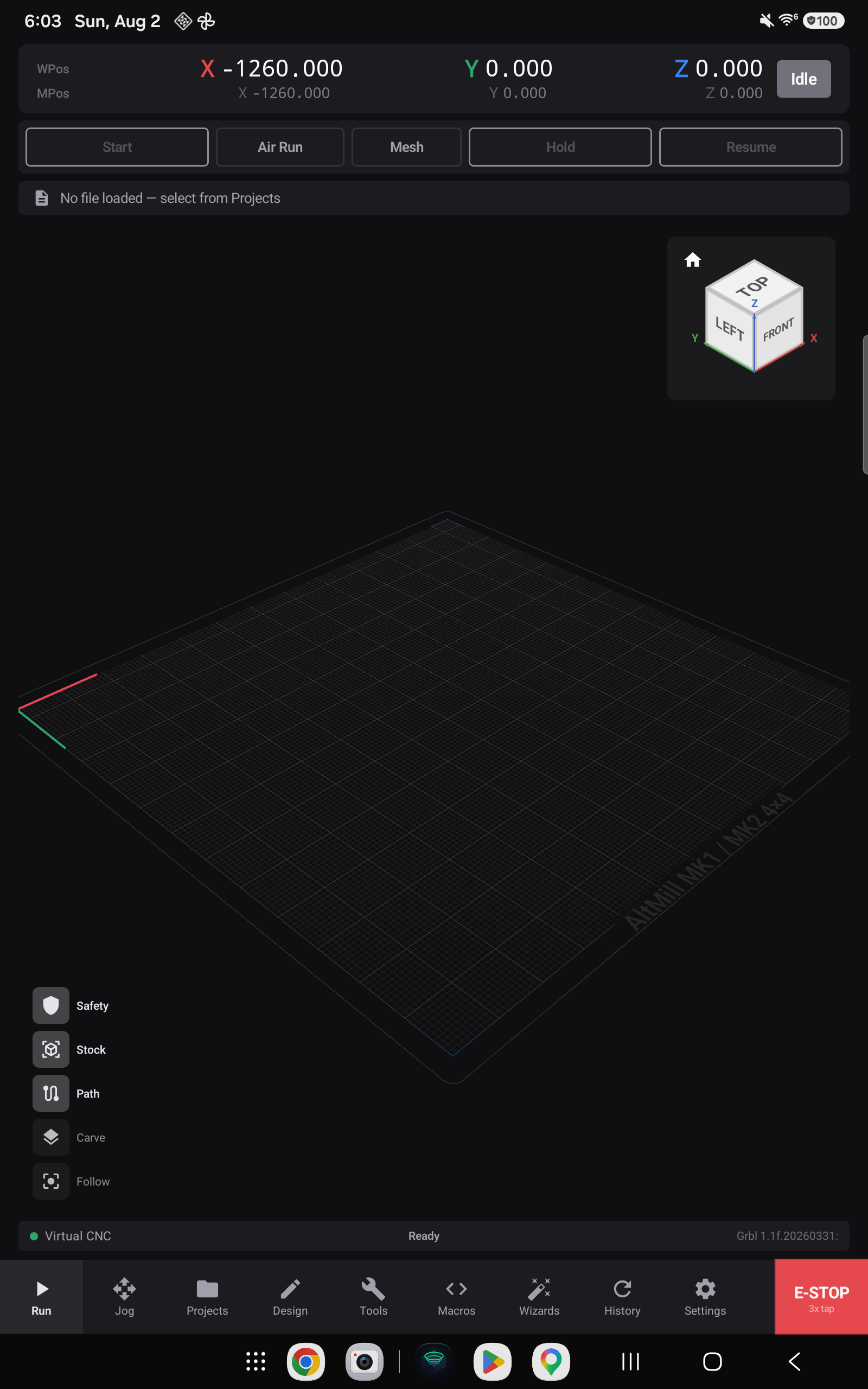 The Run screen with no program loaded