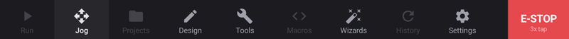 The bottom tab bar before homing — Run, Projects, Macros and History are unavailable